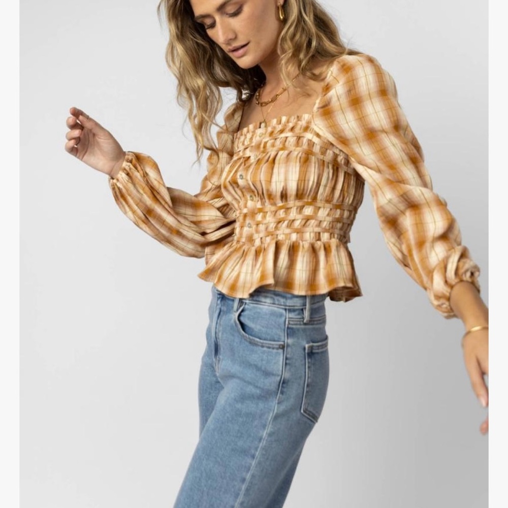 A beautiful soul tan camel plaid smock cropped long sleeve blouse X 10-12 NWT